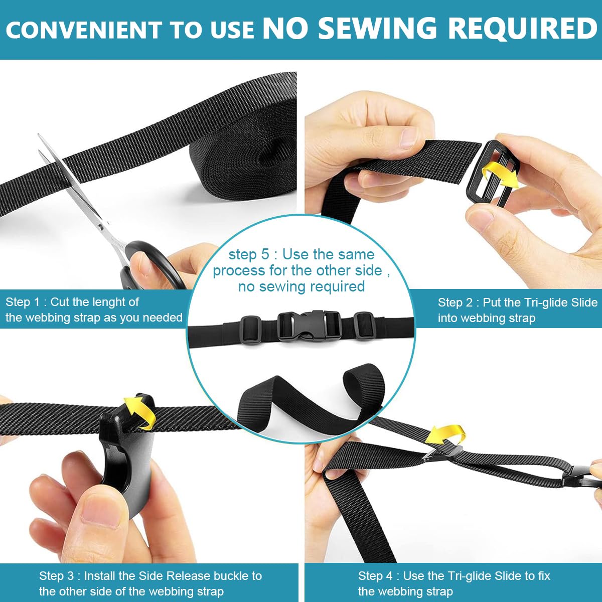 HASTHIP Buckle Strap Set with 6 Yards Nylon Webbing, 6Pcs Metal D Rings, 6Pcs Quick Side Release Plastic Buckles, 12Pcs Tri-glide Slide Clip for DIY Making Luggage Strap, Backpack Repairing