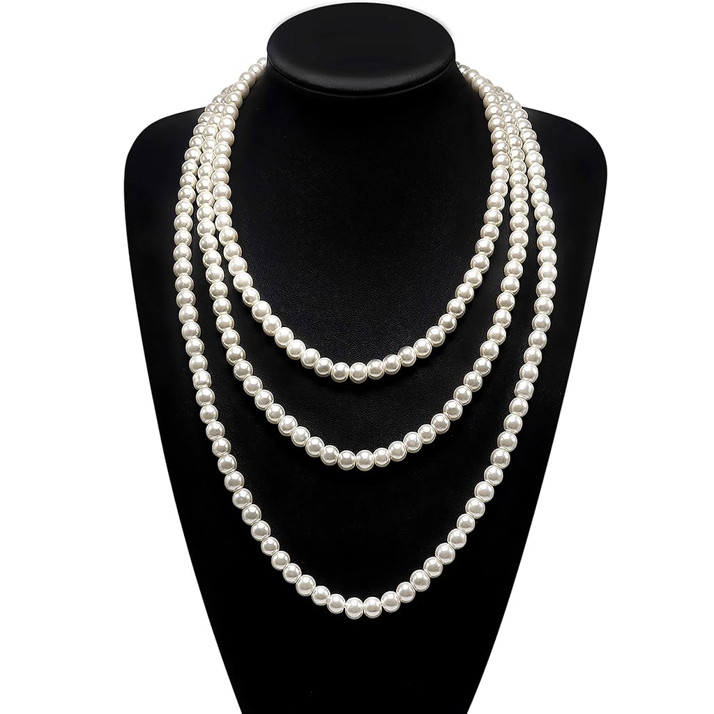 SANNIDHI Pearl Necklace for Women Girls 3 Layer 59inch Long Choker Cream White Faux Pearls Strand Necklace Fashion Elegant Jewelry