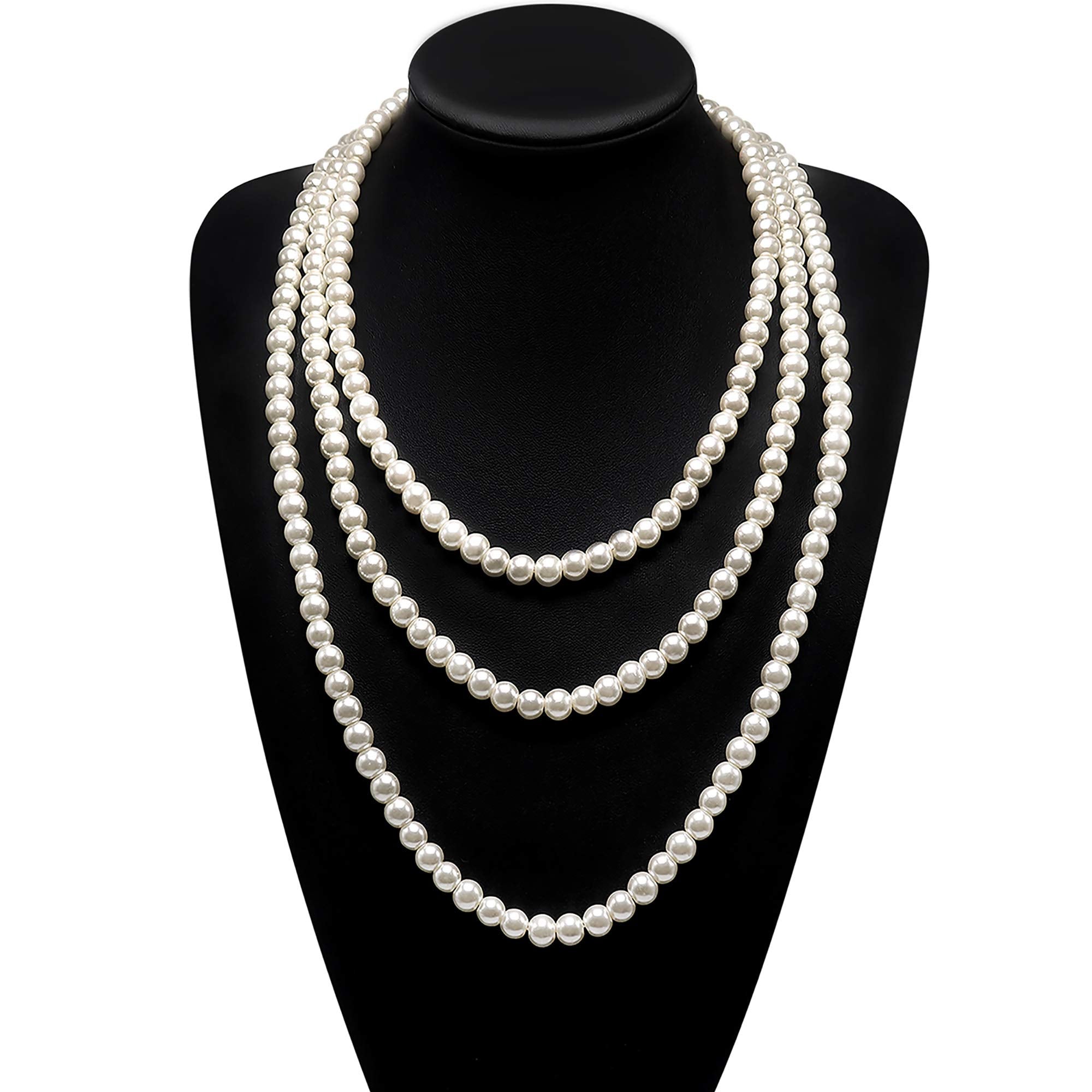 SANNIDHI Pearl Necklace for Women Girls 3 Layer 59inch Long Choker Cream White Faux Pearls Strand Necklace Fashion Elegant Jewelry