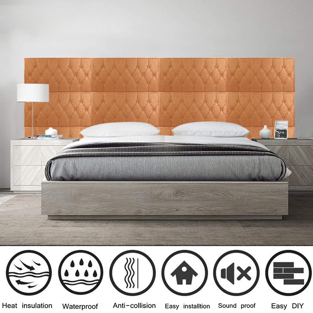 HASTHIP 4Pcs Bed Headboard Foam Panel, 8mm Thick Adhesive Foam Wall Pads, Brown Leather-Like Texture 3D Cushioning Wall Panels for Home, Hotel, Living Room, Bedroom, Cafe Décor (27.5x13.7 Inches)