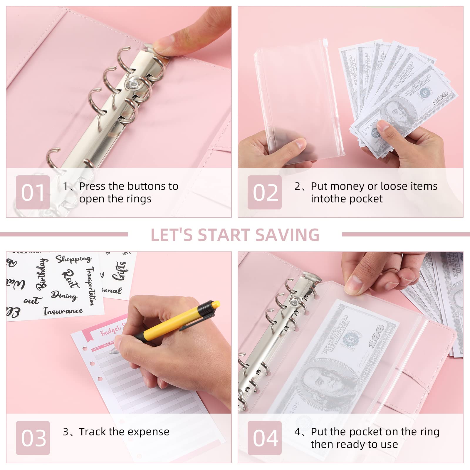 HASTHIP File Folder Ring Binder Notebook Set, A6 PU Leather Binder Clip with Envelopes, Budget Sheets, Label Stickers, 1 Ruler Stationery Supplies