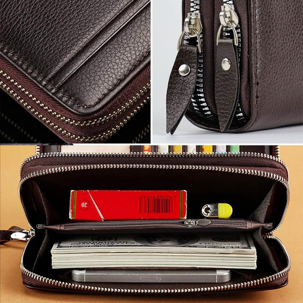 GUSTAVE Men Clutch Bag Fashion PU Leather Wallet Handbag Phone Bag Men Clutch Card Bag with Hand Grip Large Capacity Men's Phone Bag Casual Clutch Bag Father's Day Gift Gift for Men, Brown