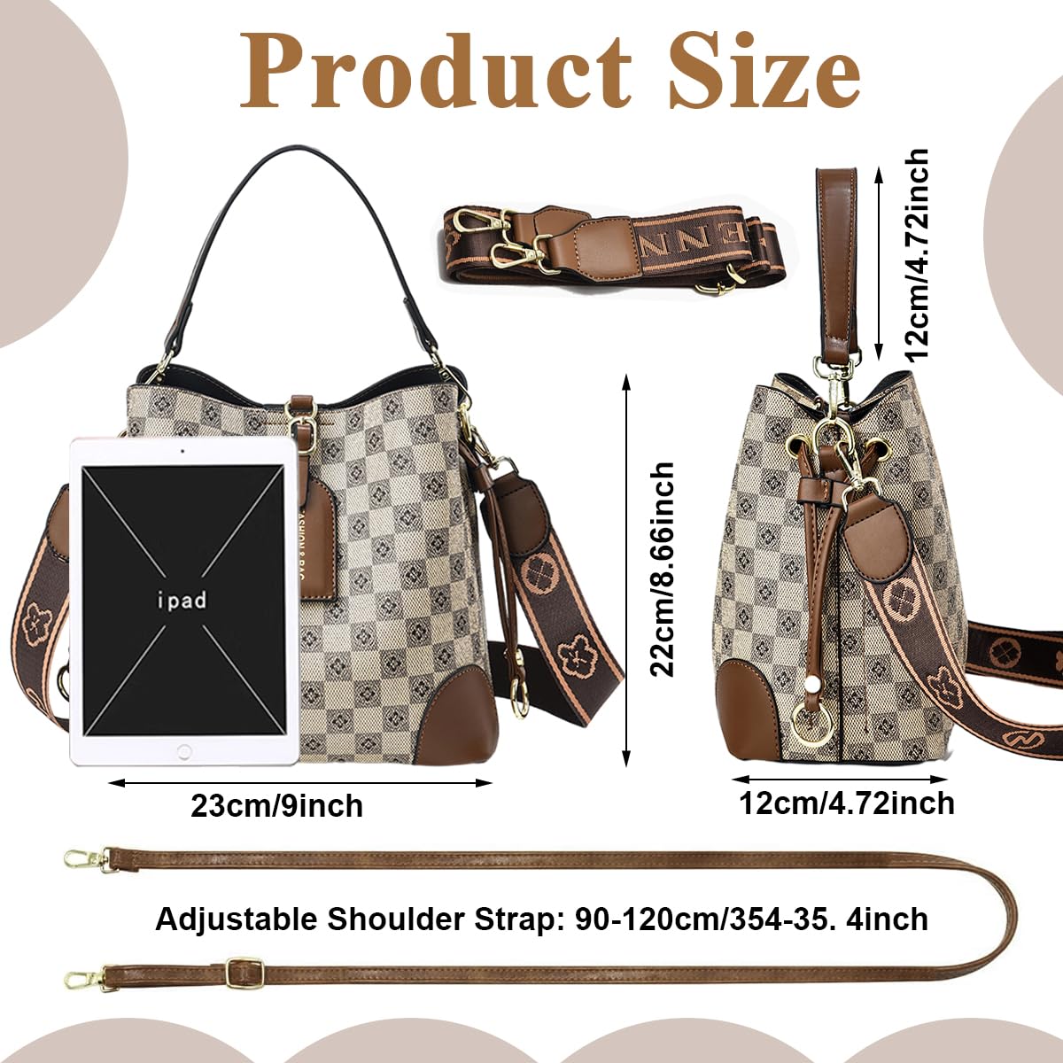 PALAY PU Bucket Bag for Women Fashion Check Pattern Bucket Bag Crossbody Bag with Detachable Shoulder Belt, Fashion Bucket Bag Daily Versatile Bucket Bag for Women