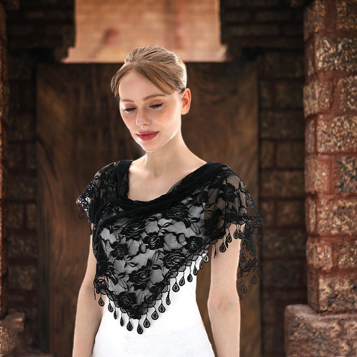 PALAY Triangle Lace Mantilla Veil Head Scarf Church Veil Mass Veil for Women Embroidery Rose Tassel Ladies Cathedral Head Covering for Mass Wedding Bridesmaids - Black