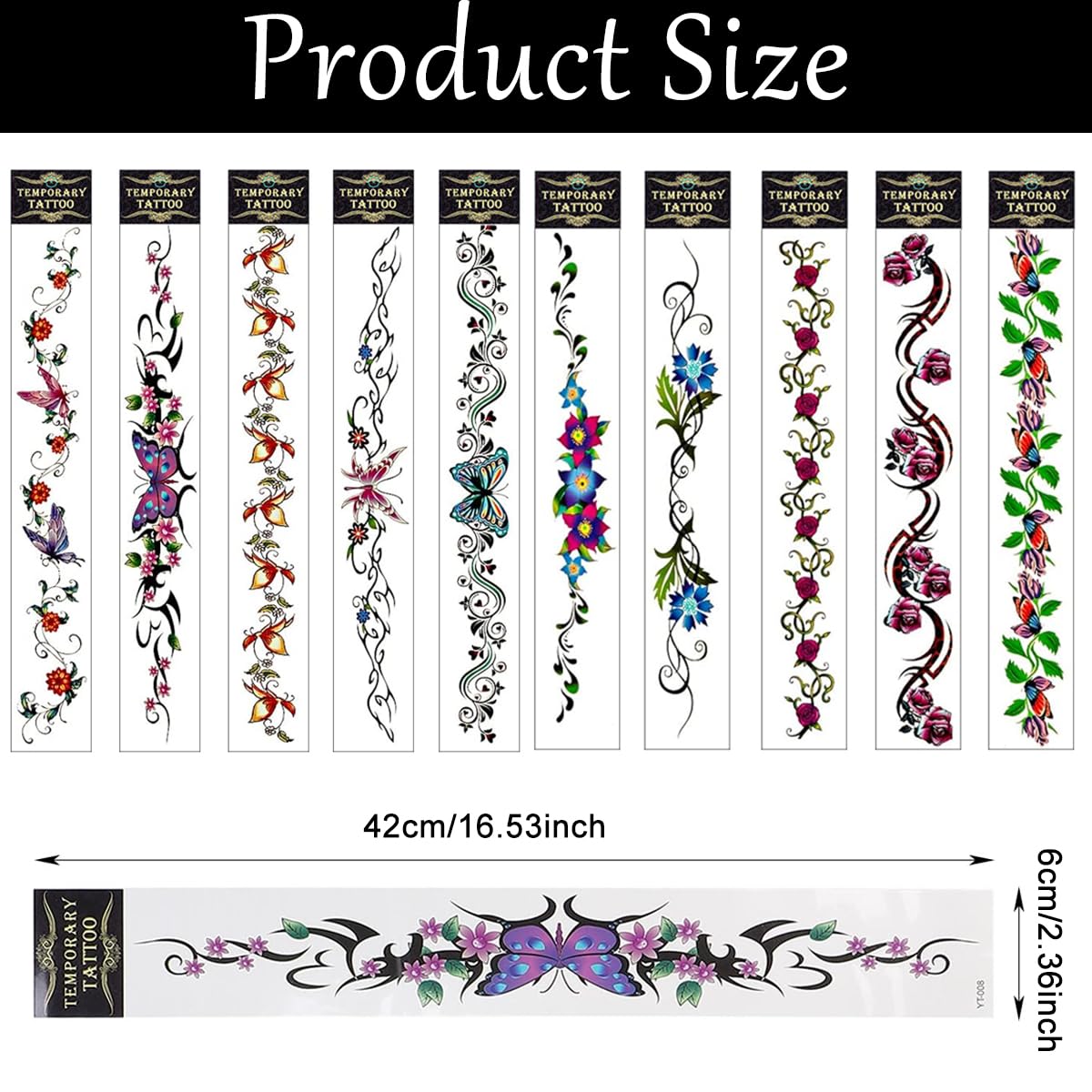 MAYCREATE 10Pcs Body Butterfly Tattoo Sticker, Belly Navel Flower Temporary Tattoo for Women Girls, Waterproof 42cm Long Abdomen Fake Tattoos for Waist Lower, Back, Arm, Thigh, Calf