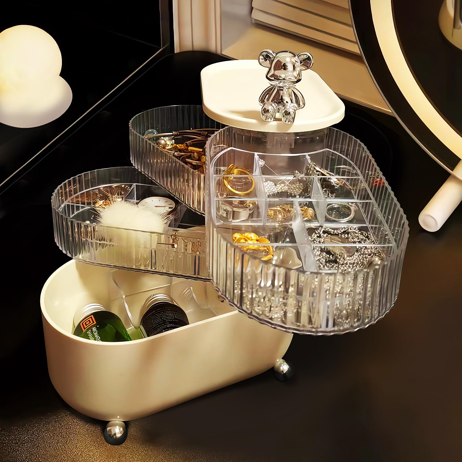 HASTHIP Jewellery Organisers 4-Tiers Jewelry Box Rotatable Hair Accessories Organizer Stand Elegant Dresser Table Acrylic Clear Storage Box for Hair Tie, Scrunchie, Earrings, Bracelets Holder