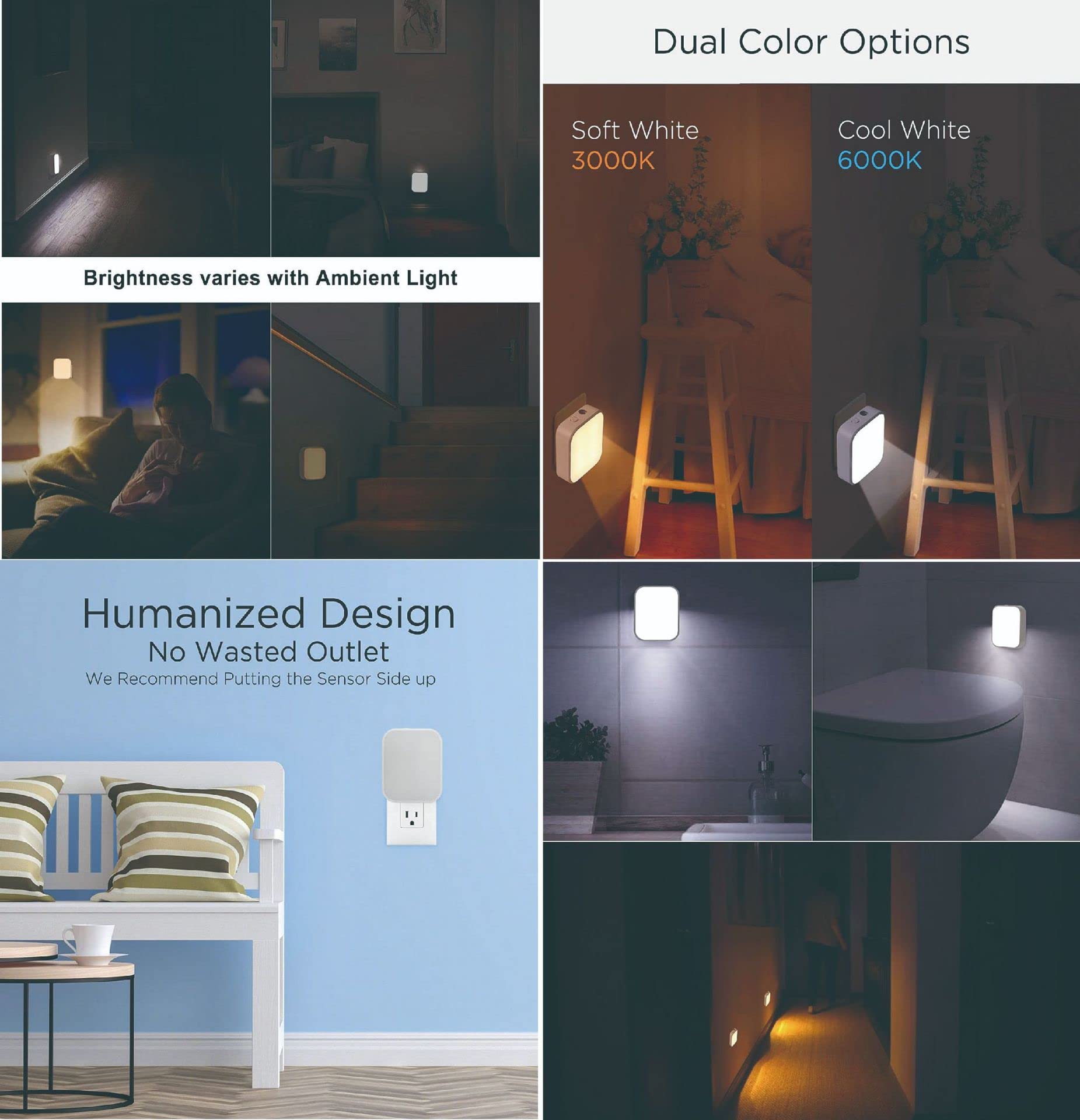 ELEPHANTBOAT 4 Pcs of Switchable Night Lamp for Bedroom Plug and Play, Lighting Sensor Night Light Cabinet Light for Children/Kids Bedroom Hallway Stair Kitchen(Warm Light+ White Light)