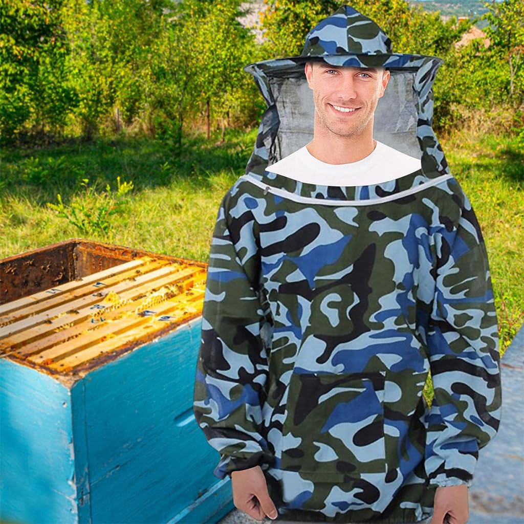 HASTHIP Bee Suit with Detachable Veil Hat, Camouflage Beekeeping Top, Protective Equipment, Elastic Cuff & Elastic Hem Closure