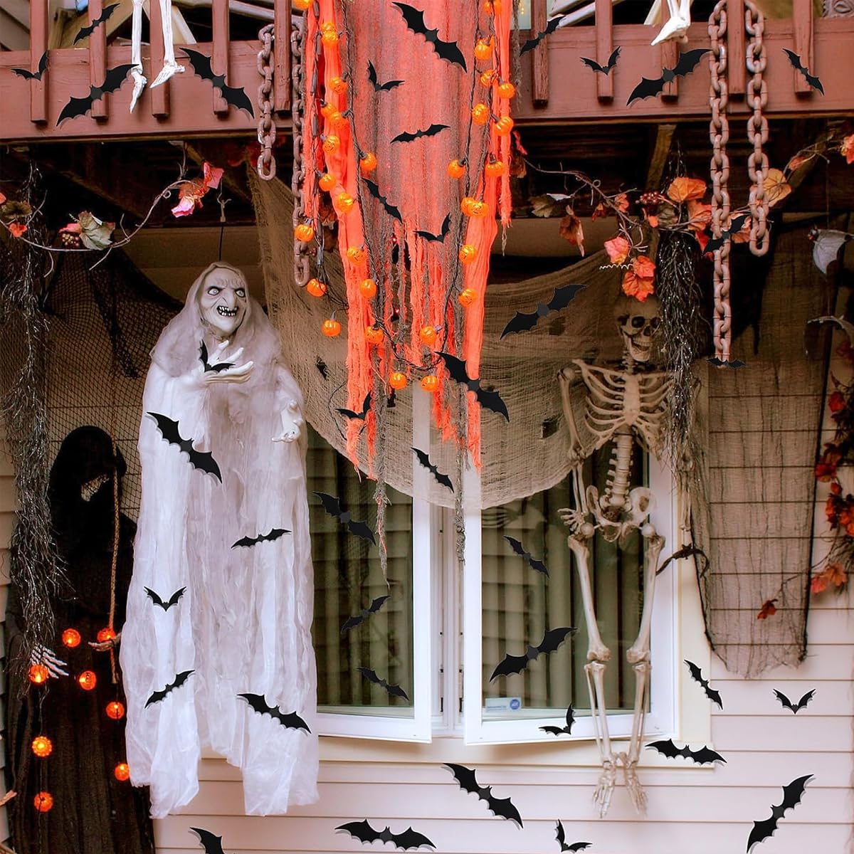 HASTHIP 60Pcs Halloween Wall Decoration Stickers Fun Black Bat Wall Stickers Wall Decorative PVC Bat Stickers with 4 Sizes Spooky Halloween Wall Stickers Halloween Party Supplies
