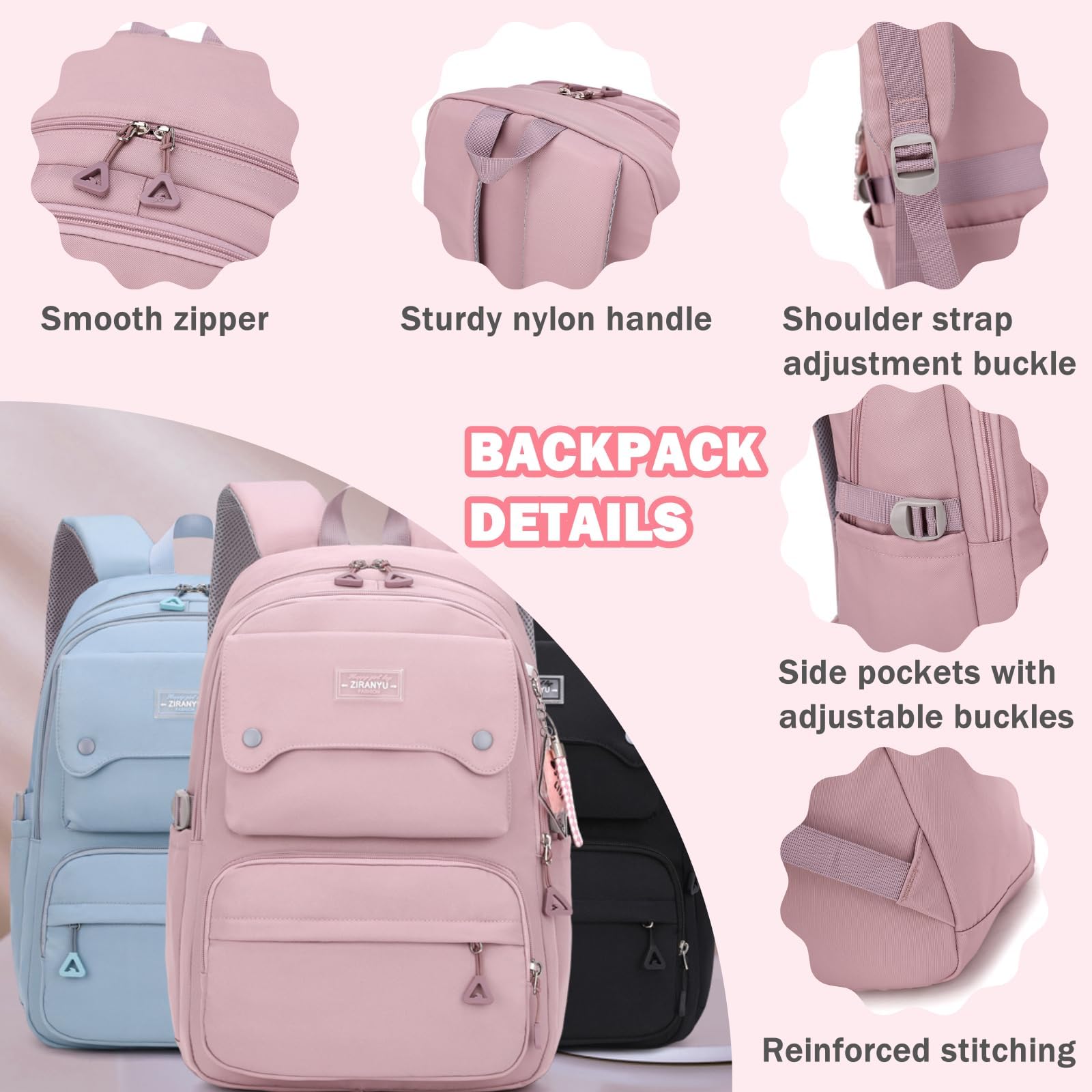 PALAY Fashion Backpack Student Shoulder Backpack Fashion Pink Travel Backpack Laptop Backpack Multi-pouches 26L Large Capacity School Backpack