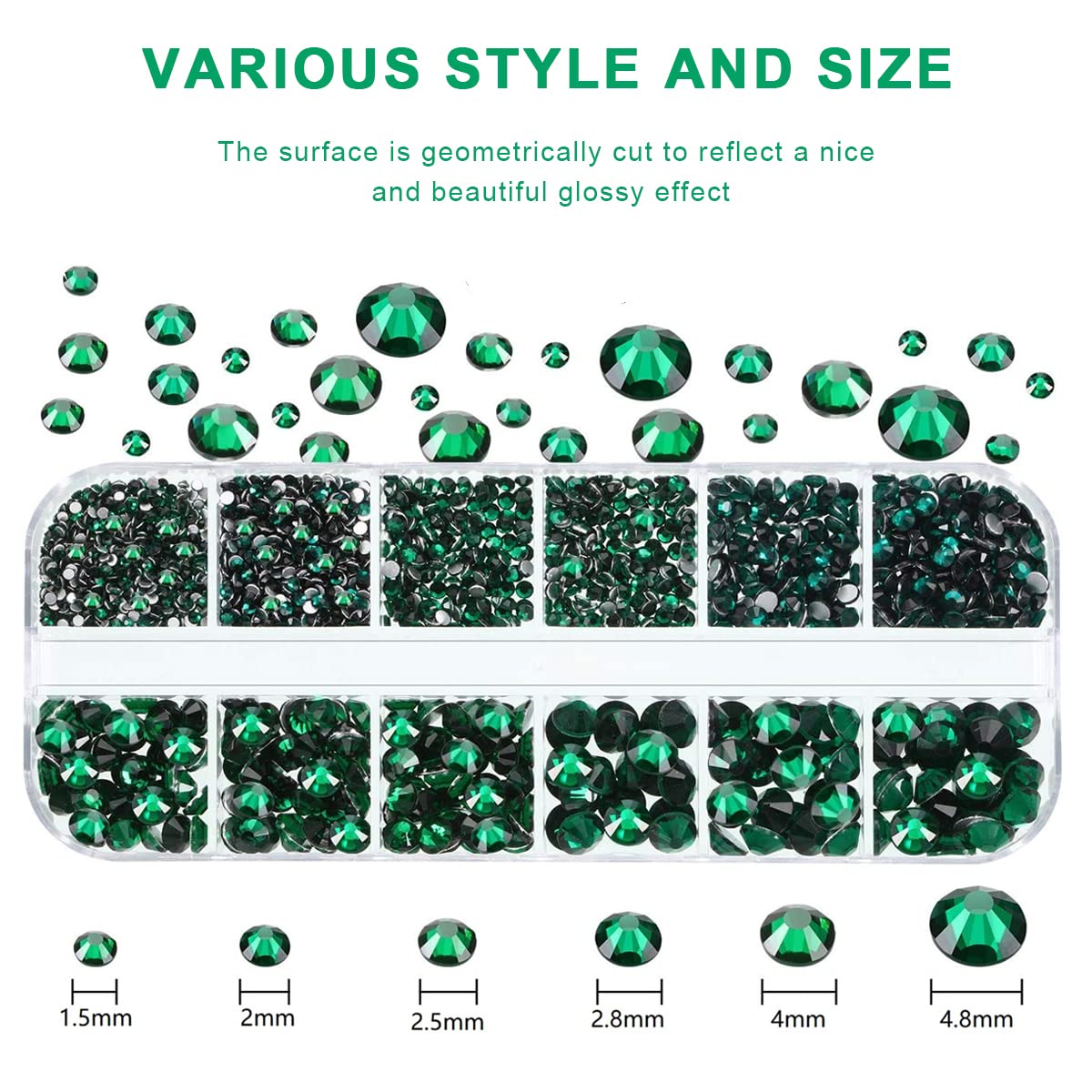 MAYCREATE Nail Art Rhinestones Kit, 12 Grid Imitation Glass Crystal Manicure Art Box, Nail Gems AB Flatback Rhinestones Gems Stones with Tweezers and Picking Pen(Green)