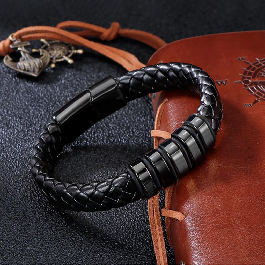 GUSTAVE Leather Bracelet for Men - Fashion Braided Wristband with Magnetic Closure - Versatile and Durable - Elegant Design for Casual and Formal Outfits, Gifts for Men