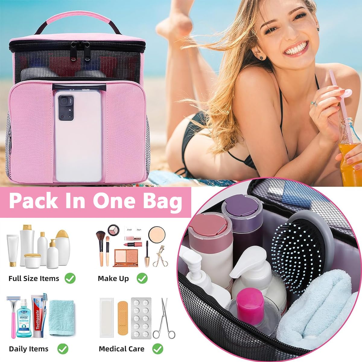 MAYCREATE Shower Bag, Portable Travel Shower Caddy Mesh Tote Bag with Phone Holder, Hanging Full Size Bottle Compatible Toiletry Bag, Pink
