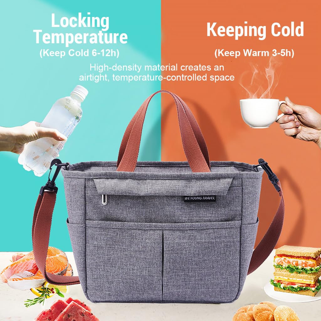 HASTHIP Lunch Bag Insulated Lunch Tote with Handle & Removable Shoulder Strap Grey Oxford Cloth Insulated Lunch Tote Bag Multi-pocket Lunch Bag Multi-purpose Lunch Tote Bag, 23x15x20cm