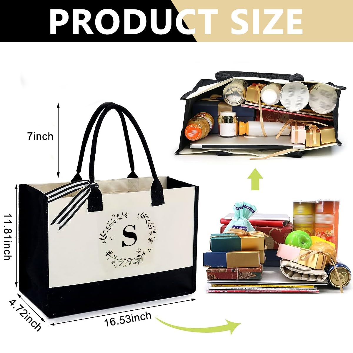 PALAY Canvas Tote Bag Letter Print Large Canvas Hand Bag for Girls Stand-up Office Tote Bag Document Bag Grocery Bag Shopping Bag with Reinforced Handles Gift for Girls