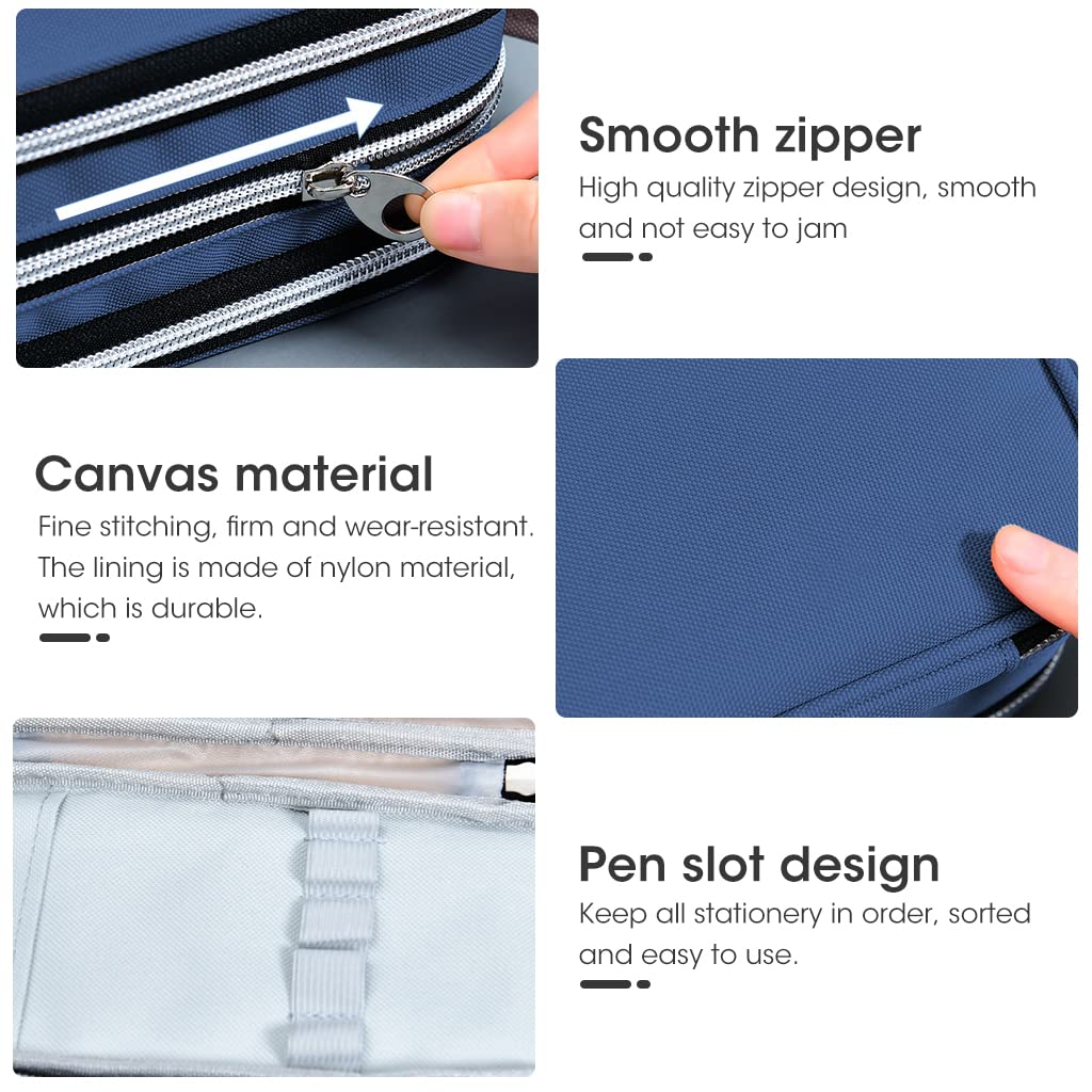 Climberty Large Capacity Pencil Case, 3 Layers of Storage 3 Metal Zippers, Portable Durable Pen Pencil Case with Handle, Aesthetic Pencil Case for School Supplies Office Teen Girls Adults (Blue)