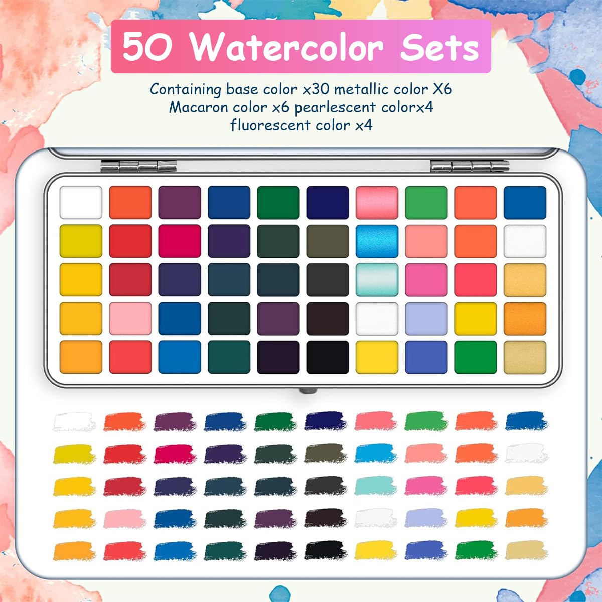 HASTHIP Solid 50-Color Watercolor Set, Professional & Beginners Paint Kit with Brush & Pen, Non-Toxic Pigment, Portable Metal Box, Ideal for Studio & Travel Artists