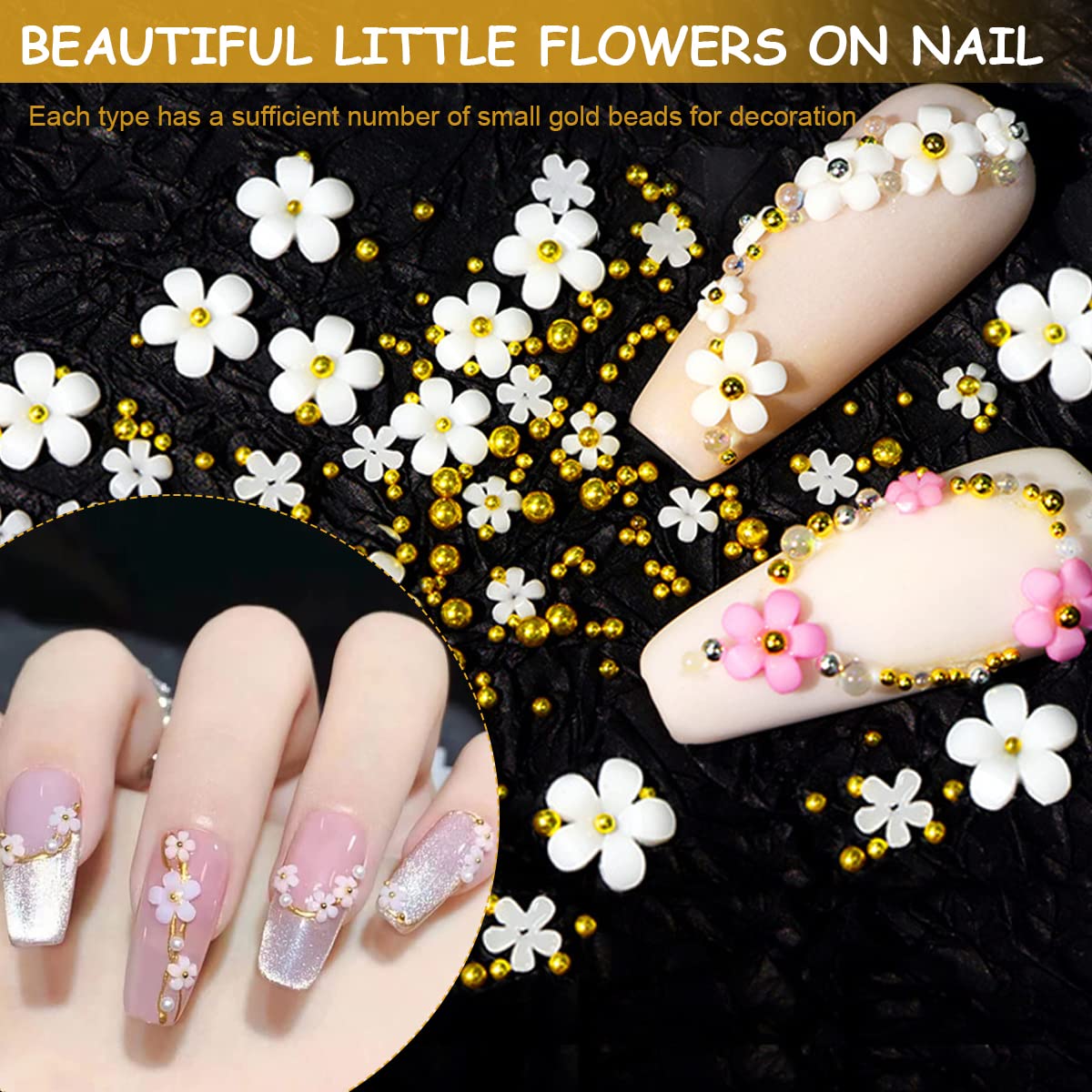 HASTHIP 3 D Flower Acrylic Decals for Nail Charms Art,DIY Manicure Salon Accessories for Women & Girls, 400 Pcs Resin Flower Decals with Golden Beads