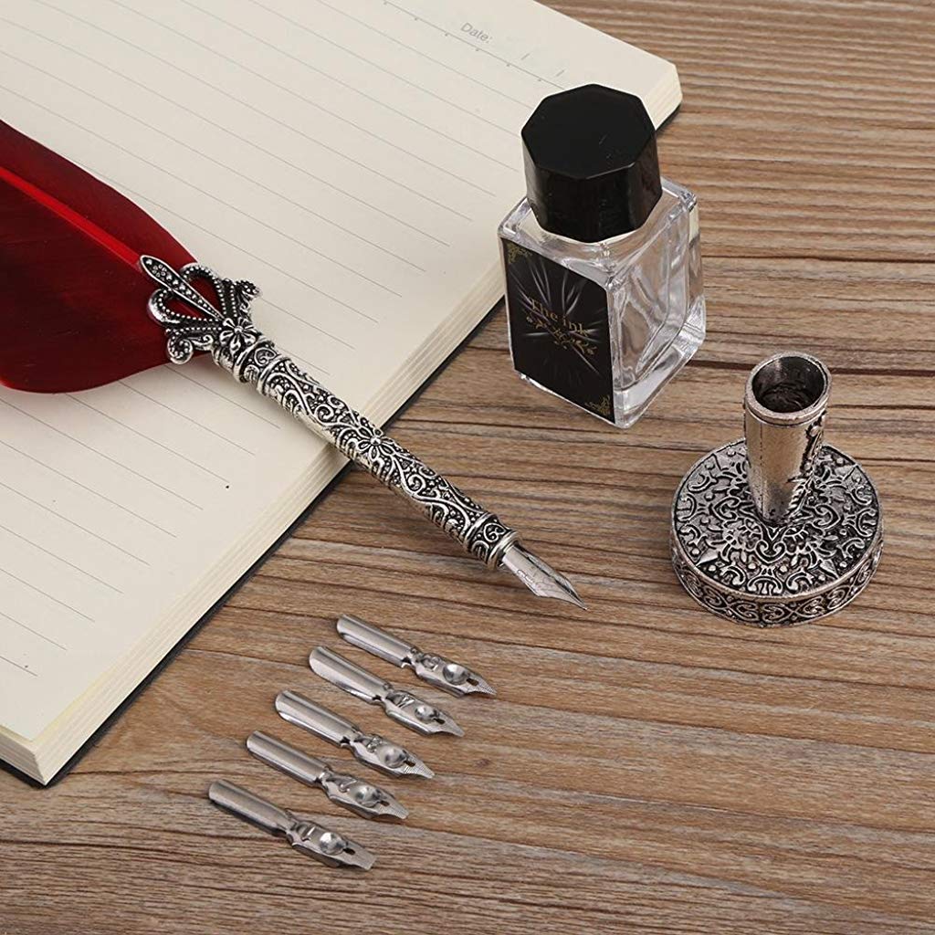 Climberty English Calligraphy Feather Dip Quill Pen Writing Ink Set Stationery Gift Box with 5 Nibs and Ink (Red)