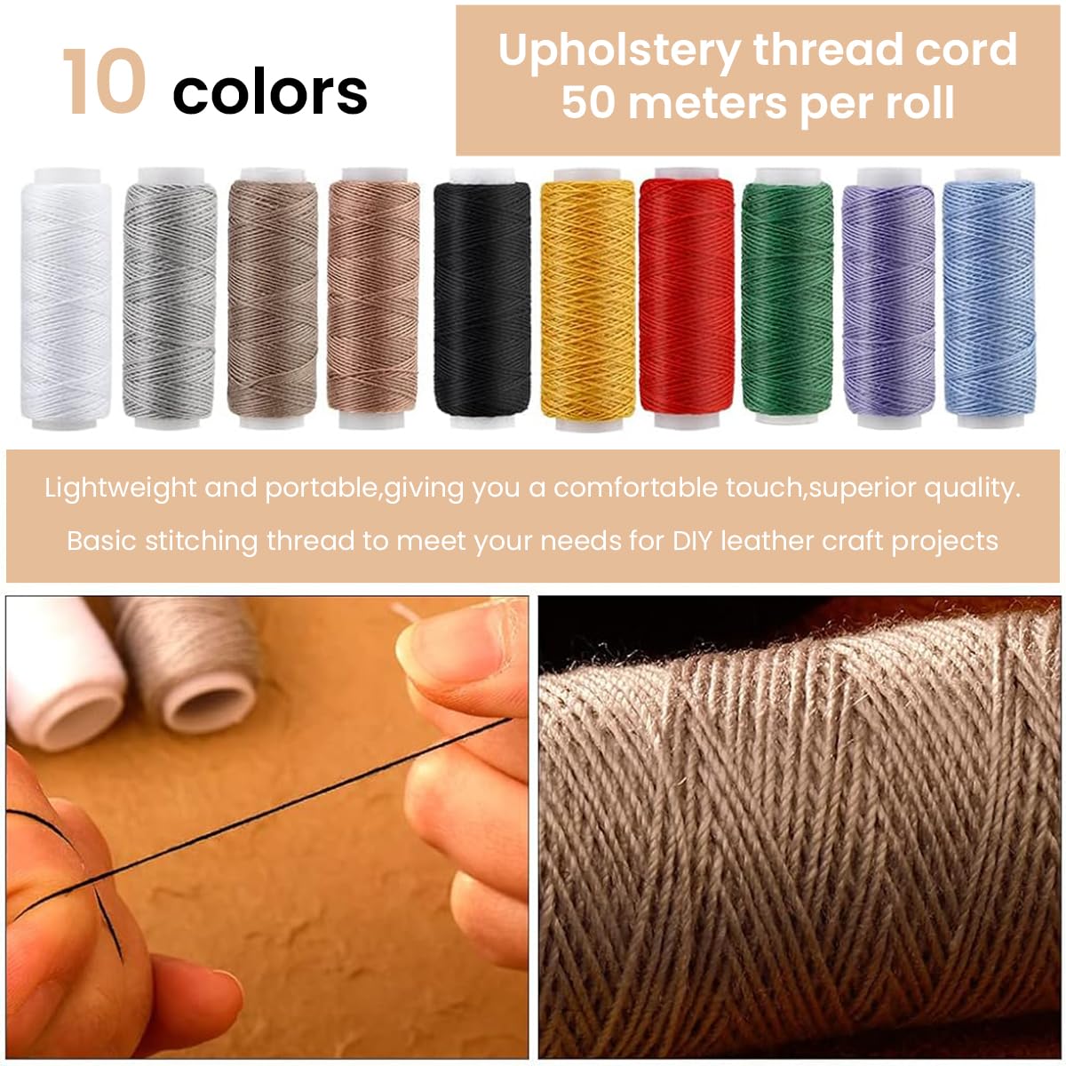 HASTHIP 59 Pcs Leather Sewing Kit, Leather Needles for Hand Sewing, Heavy Duty Sewing Upholstery Repair Kit Waxed Thread Large-Eye Stitching Needles for Carseat Backpack Carpet Boots Shoes Sofa