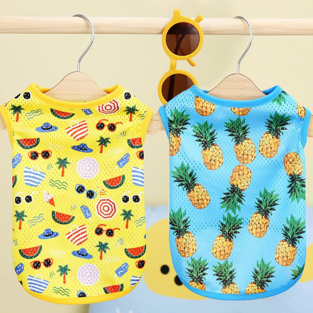 Qpets 2 Pack Dog Clothes Lovely Print Shirt for Small Dogs Yellow & Blue Summer Breathable Dog Vest Stretchy Dog Clothes Sleeveless Dog Clothes for Small Dogs, Cat (Size: M, Yellow+Blue)