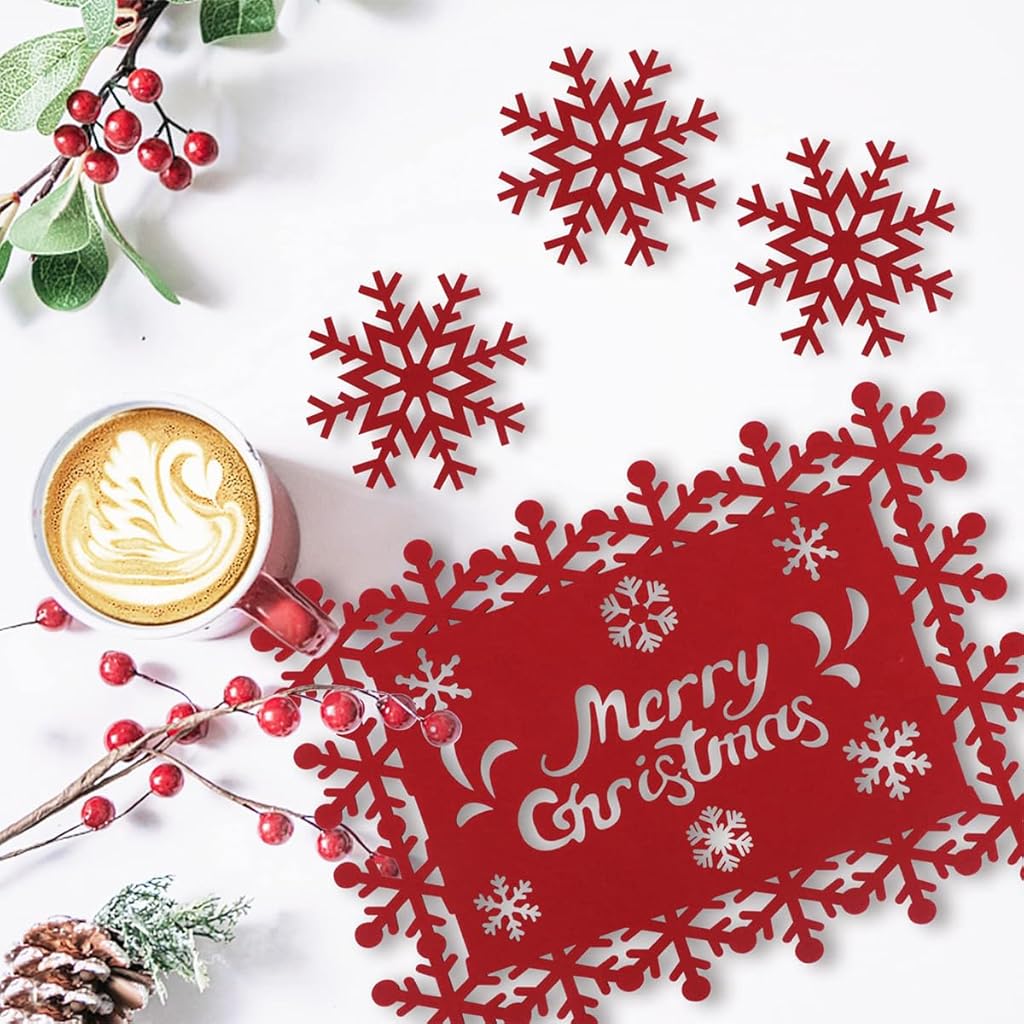HASTHIP® Christmas Placemats & Snowflake Coasters Set of 12 Red Joyful Christmas Placemats Coasters 3mm Felt Paper Cut Snowflake Christmas Placemats Coasters Creative Christmas Home Decor