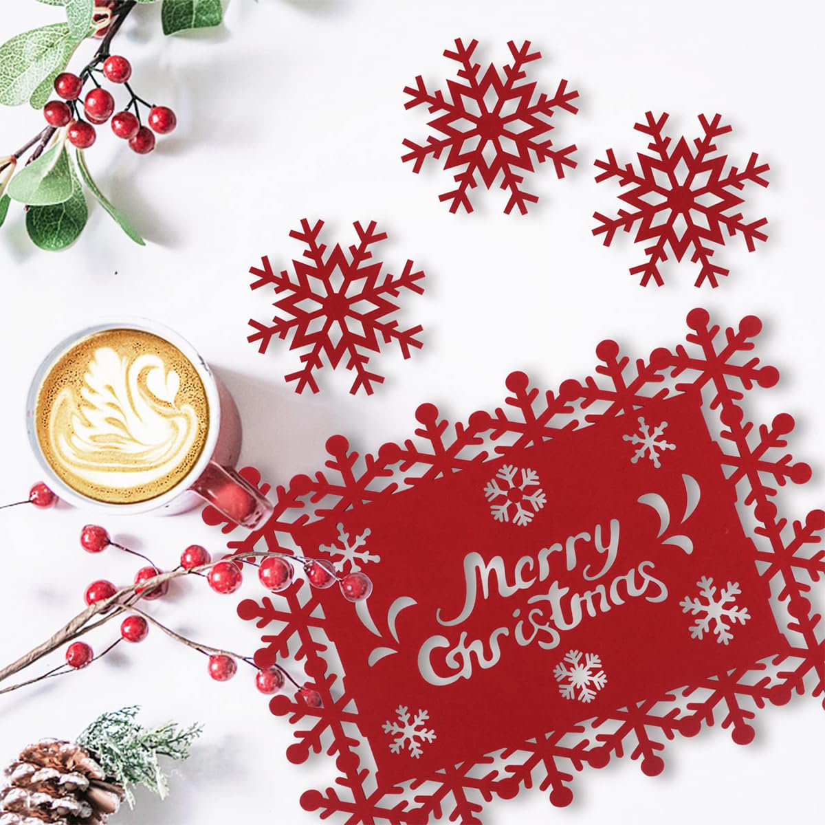 HASTHIP® Christmas Placemats & Snowflake Coasters Set of 12 Red Joyful Christmas Placemats Coasters 3mm Felt Paper Cut Snowflake Christmas Placemats Coasters Creative Christmas Home Decor