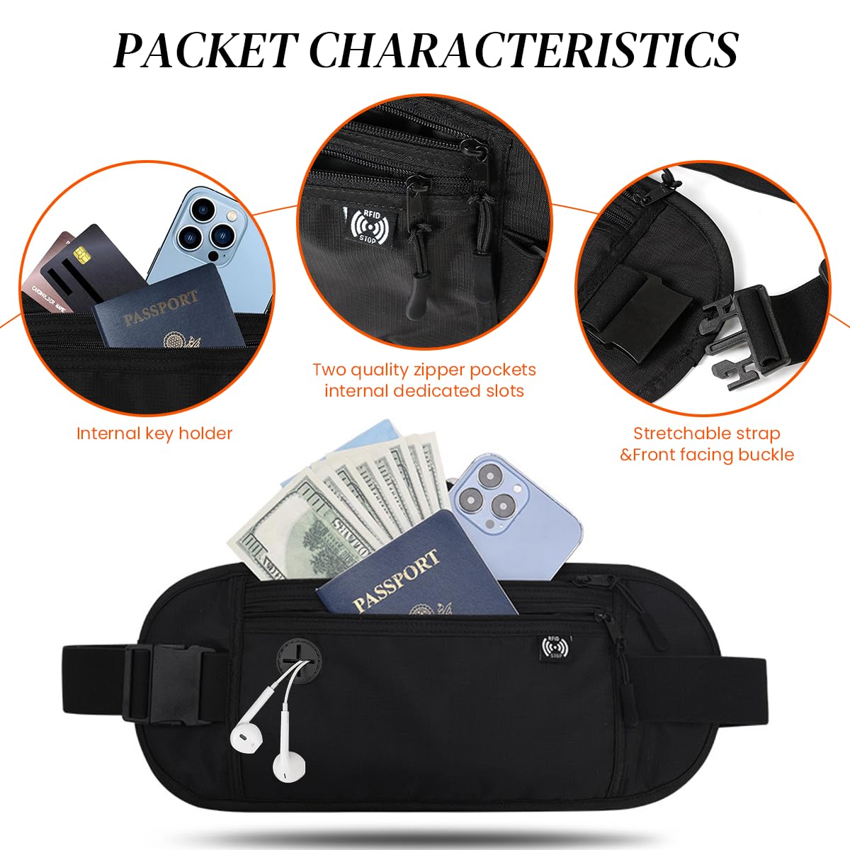 GUSTAVE Waist Bag for Men Women, Waterproof Stylish Waist Pouch, Small Fanny Bag, Nylon mobile bag with Adjustable Belt for Outdoor Hiking, Running, Black