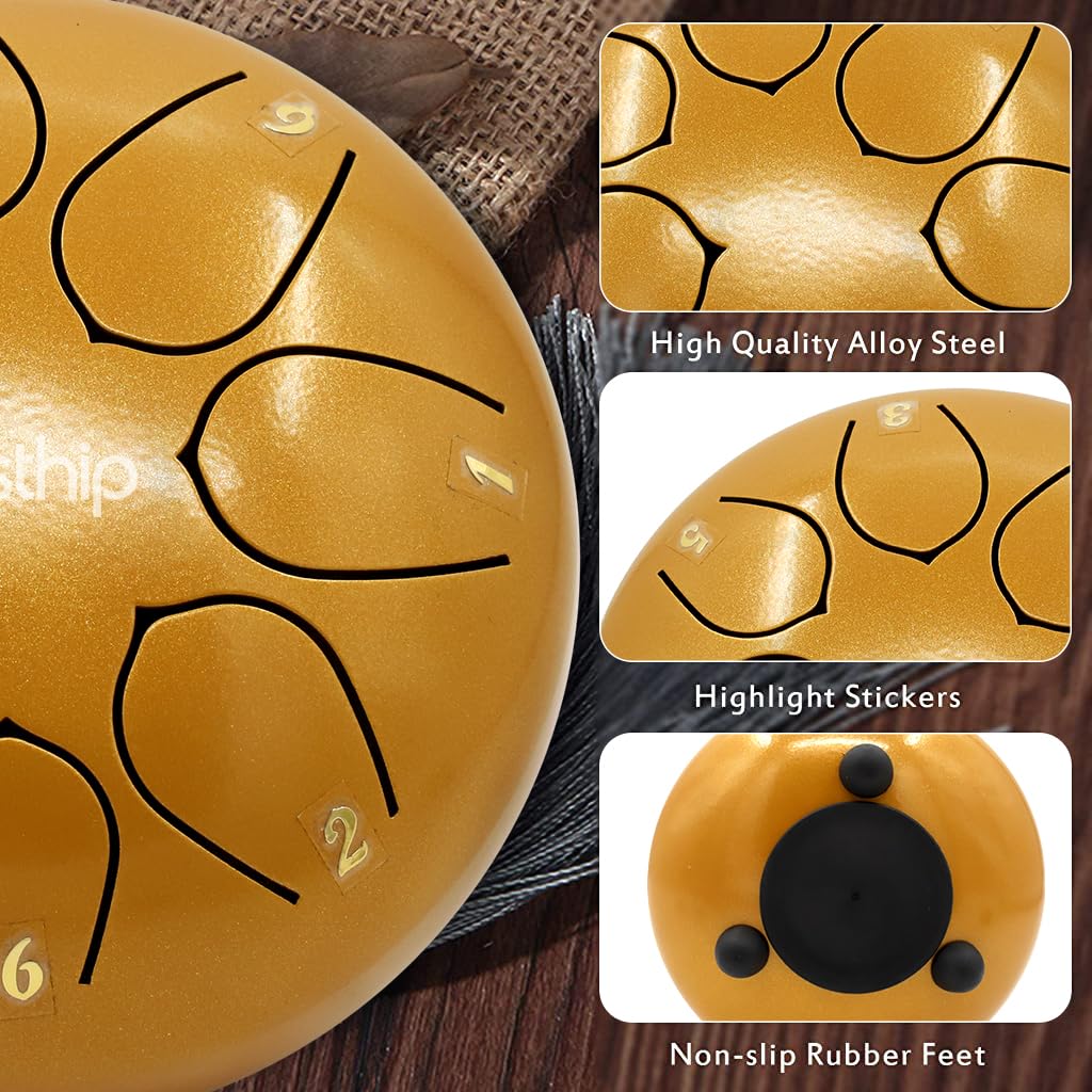 HASTHIP 6-inch Steel Tongue Drum 8 Note, Percussion Instrument Handpan Drum with Bag, Music Book and Mallets for Kids and Adults Meditation Musical Education Concert Mind Healing Yoga (Gold)