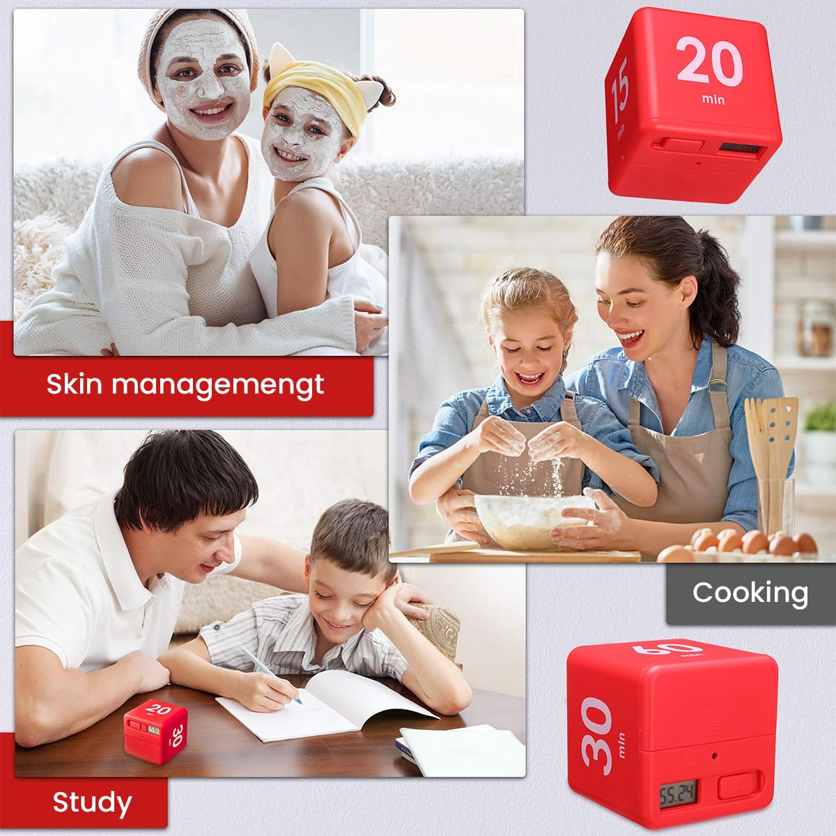 Supvox Digital Cube Timer Mini Desk Timer 2.5'' Red Magic Cube Kitchen Timer 4-Stage Preset Time Settings Fun Study Timer Kitchen Time Battery Operated Adjustable Volume