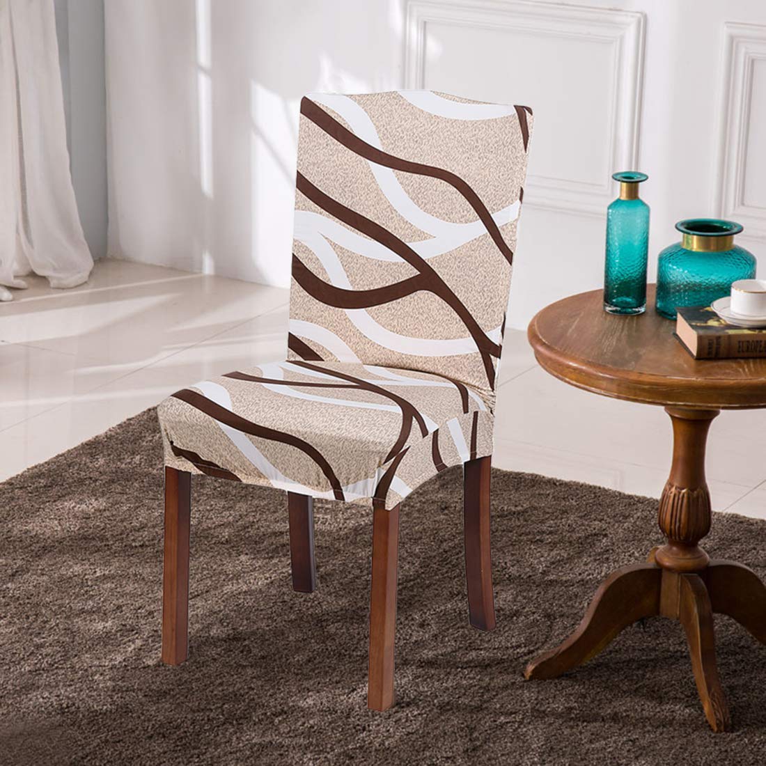 Supvox Washable Polyester & Spandex Chair Cover (Off-White, Line Pattern, 4 Pieces)