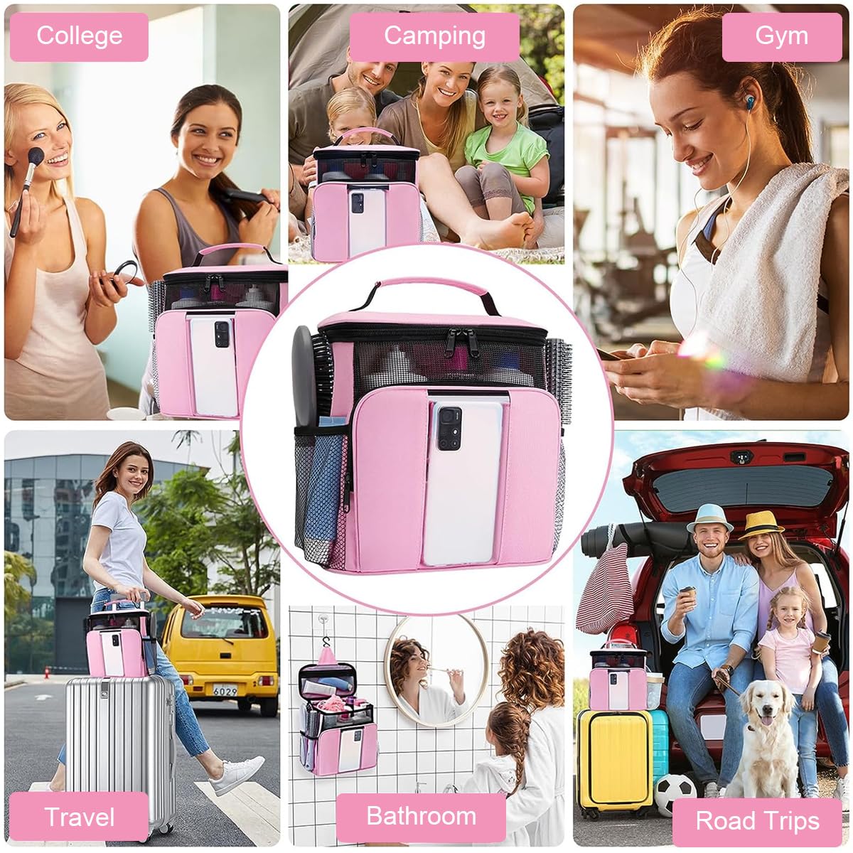 MAYCREATE Shower Bag, Portable Travel Shower Caddy Mesh Tote Bag with Phone Holder, Hanging Full Size Bottle Compatible Toiletry Bag, Pink