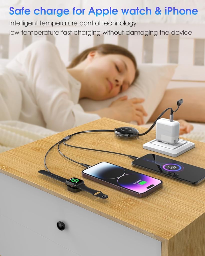 Verilux 6 in 1 USB C Charging Cable Retractable USB C Charging Cable with Apple Watch Wireless Charger Support Max 100W PD Fast Charging Compatible with iPhone 15/14/13, Samsung, Apple Watch
