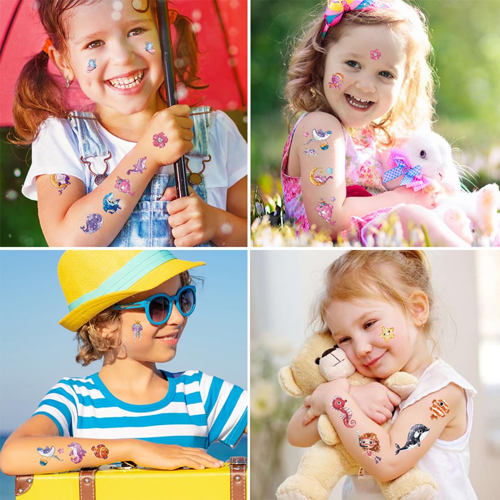 MAYCREATE Tattoo Sticker for Kids, 10 Sheet Glittering Temporary Tattoo, Cartoon Ocean Animals Fake Tattoos for Girls Boys Birthday Parties, Group Activities