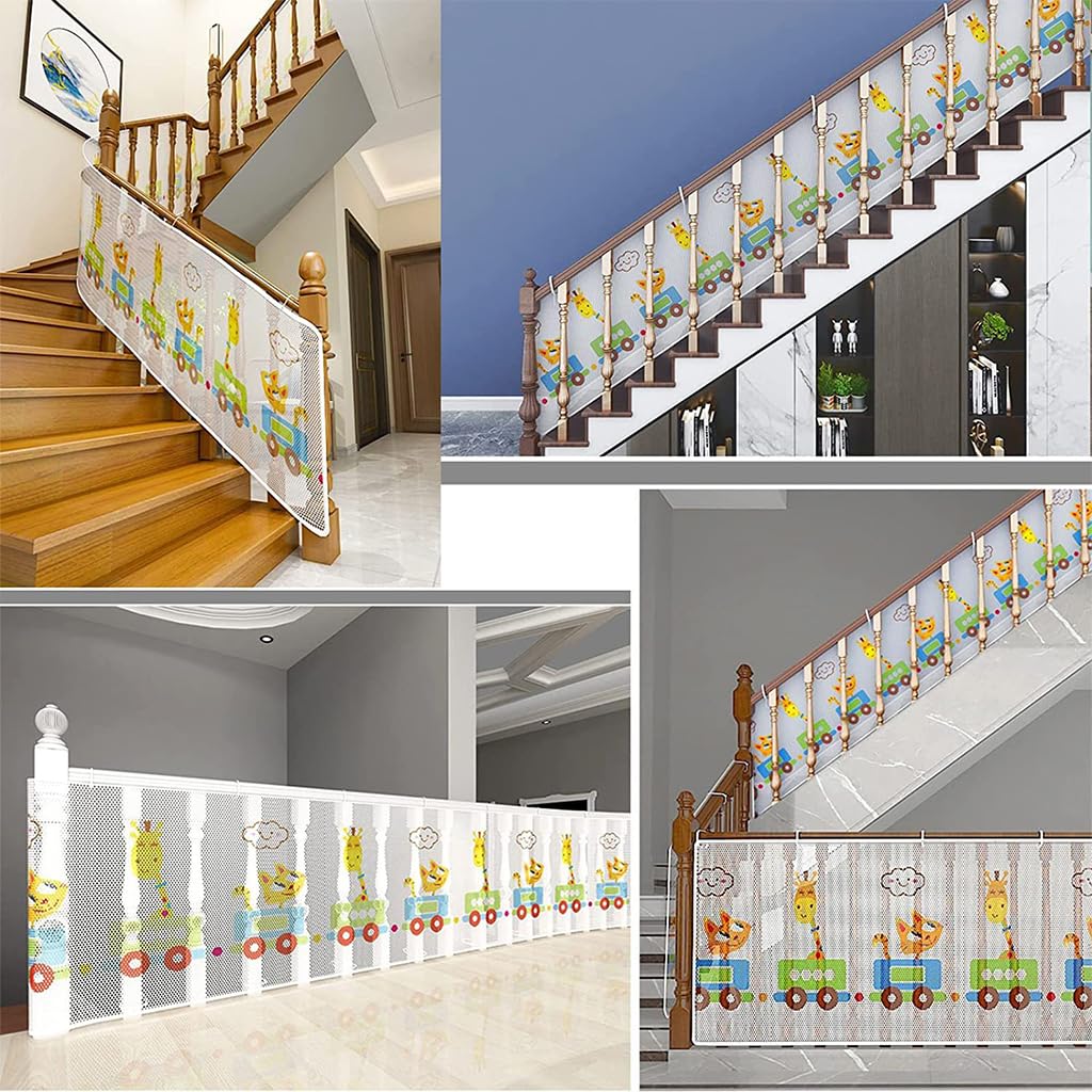SNOWIE SOFT Baby Safety Net Banister Guards Stairway Rail Net Thicken Polyester 14.7 ft Long 31 Inches High Stairway Baby Guards with 55 Nylon Zip Ties Ropes Safety Net for Stairway, Balcony