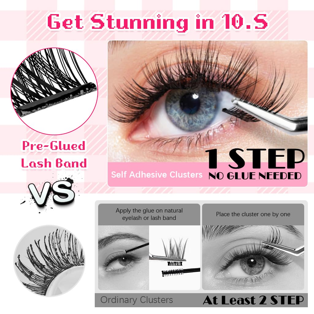 MAYCREATE 36Pcs Eyelash Clusters with Tweezer Self Adhesive Fluffy Eye Lash Clusters Party Look Press & Go Cluster Lashes No Glue Needed DIY Lash Extensions Curl Natural Pre-glued Strip Lashes