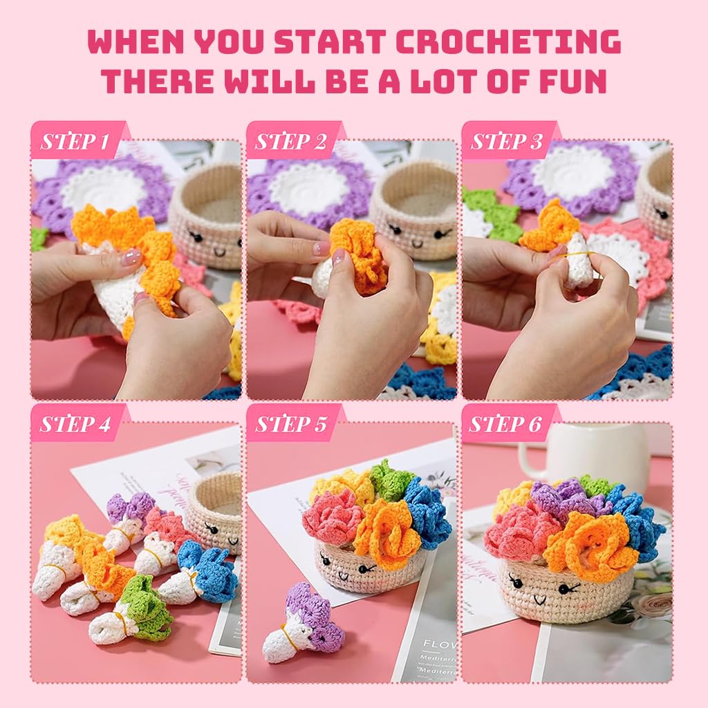 PATPAT DIY Crochet Material Kit 6 Colors Coasters DIY Crochet Floral Coasters and Smile Crochet Cup Material Kit DIY Handmade Crochet Coasters Gift Crochet Starter Kit