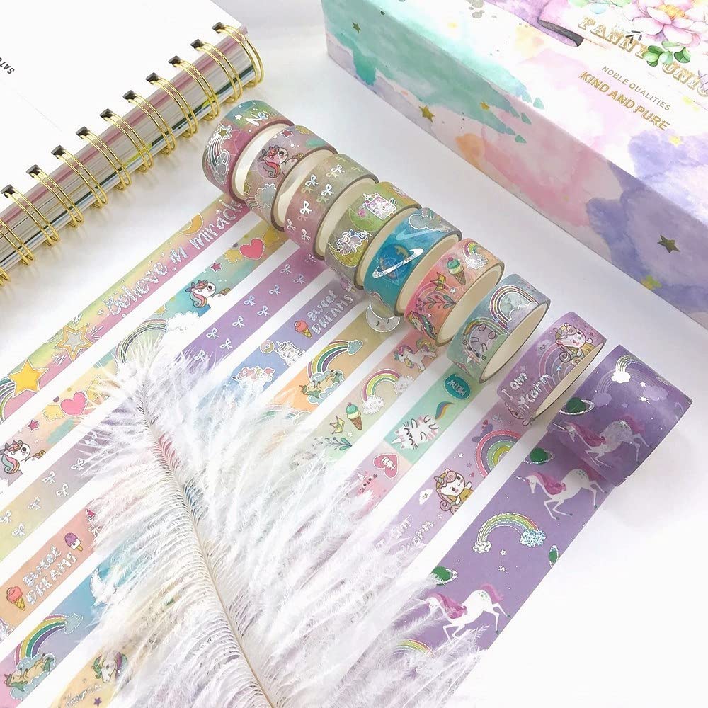 HASTHIP 10 Rolls Unicorn Washi Tape Glitter Unicorn Pattern Washi Tape Decorative Adhesive Tape for DIY ,Beautify Bullet Journals,Planners