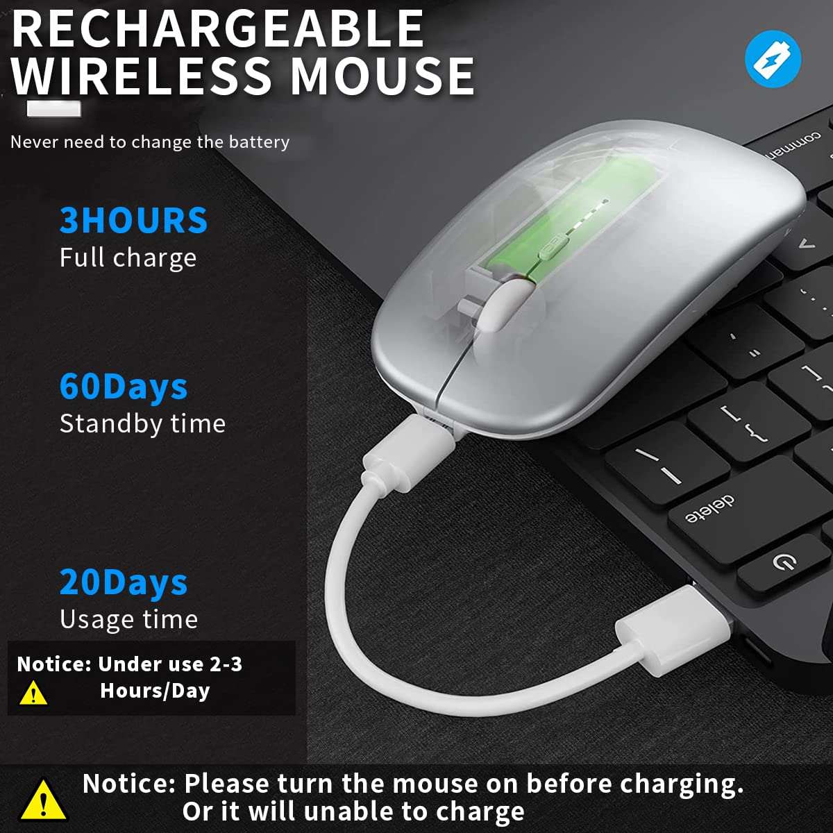 Verilux Wireless Mouse Rechargeable, Upgraded Ultra Slim 2.4G Silent Cordless Mouse Computer Mice 1600 DPI with USB Receiver for Laptop PC Mac MacBook, Windows (Space Sliver+ Battery Level Visible)