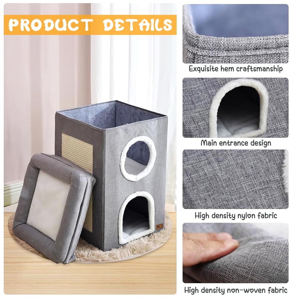 Qpets Cat Beds, 3-Layer Cat House Cozy Cotton Fodable Vertical Cat House with ATOP Bed & Scratch Board, Warm Cat Bed Hide Cat Cave Multi-Entry Game Tunnel Suitable for All Seasons