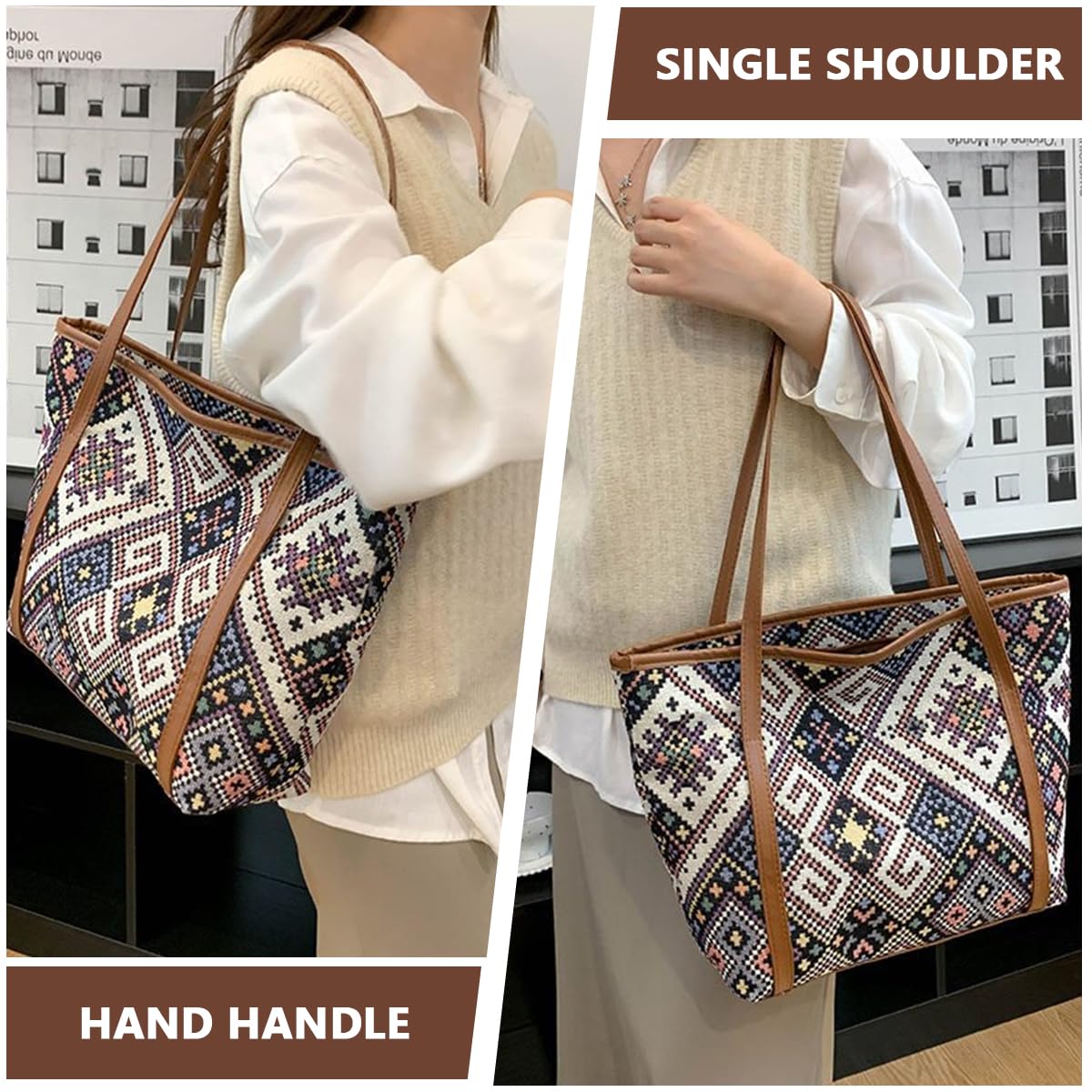 PALAY Tote Bags for Women Stylish Jacquard Print Handbags for Women With Zipper Closure Leather Shoulder Belt Large Capacity Shoulder Bag for Shopping, Commuting, School