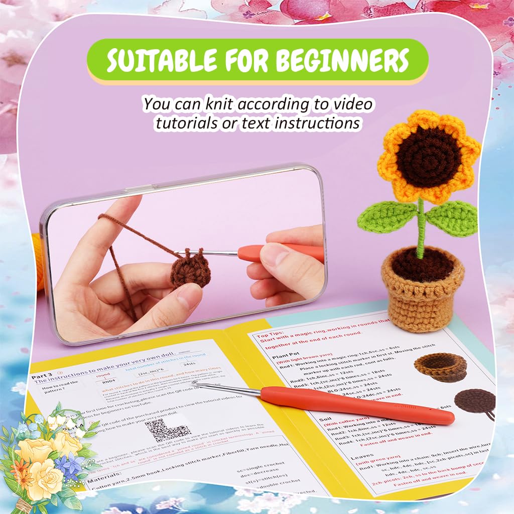 PATPAT DIY Crochet Flower Pot Material Kit Cactus Flowers Crochet Desk Decor Material Kit with Tools & Tutorial Starter Friendly Crochet Flower Material Kit DIY Crochet Christmas Gift, Desk Decor