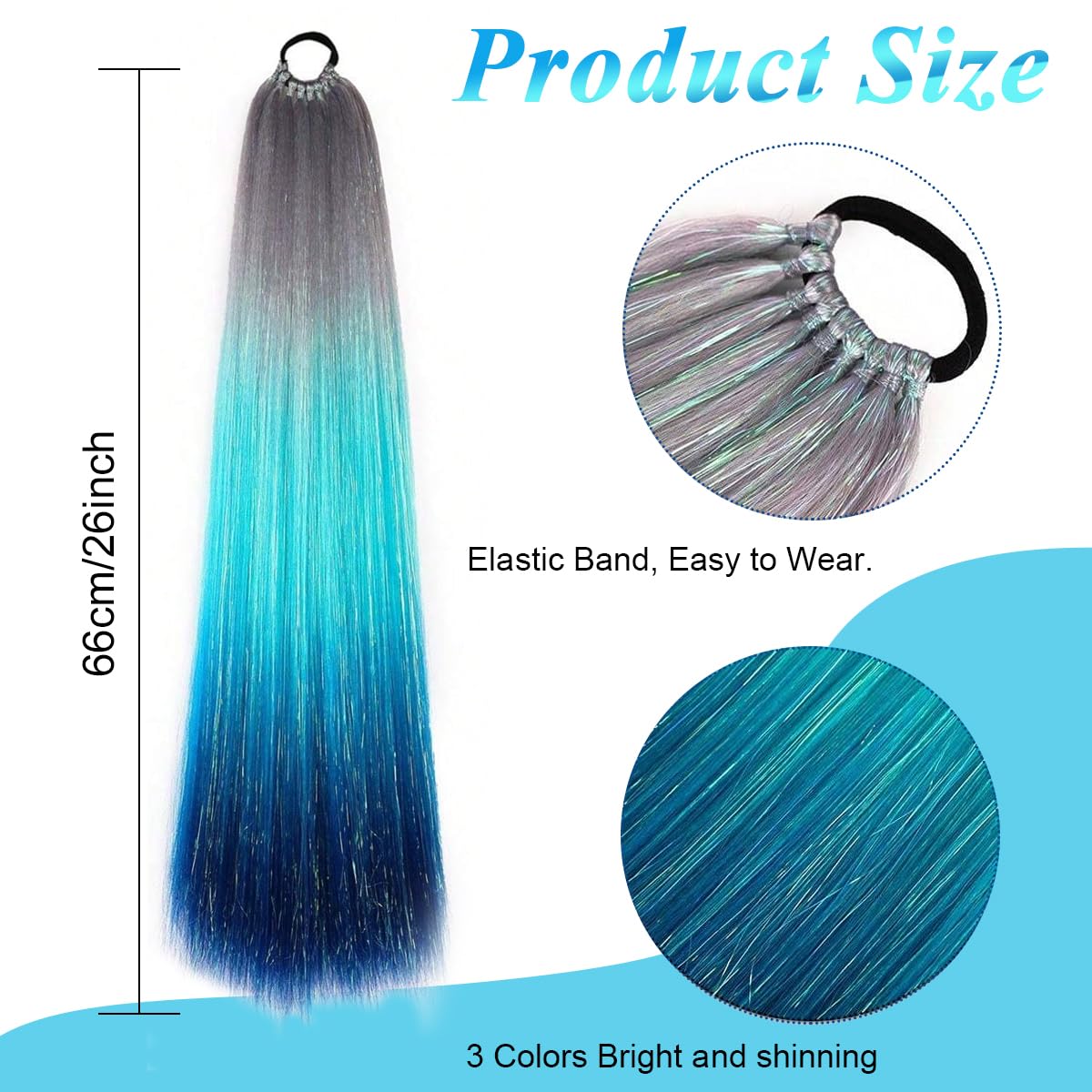 PALAY Ponytail Extension With Hair Tie 26in Colour Hair Extensions for Women Girls Braiding Rainbow Ombre Pony Tail Hair Extensions for Kids Braids Festival Rave Crazy Hair Day