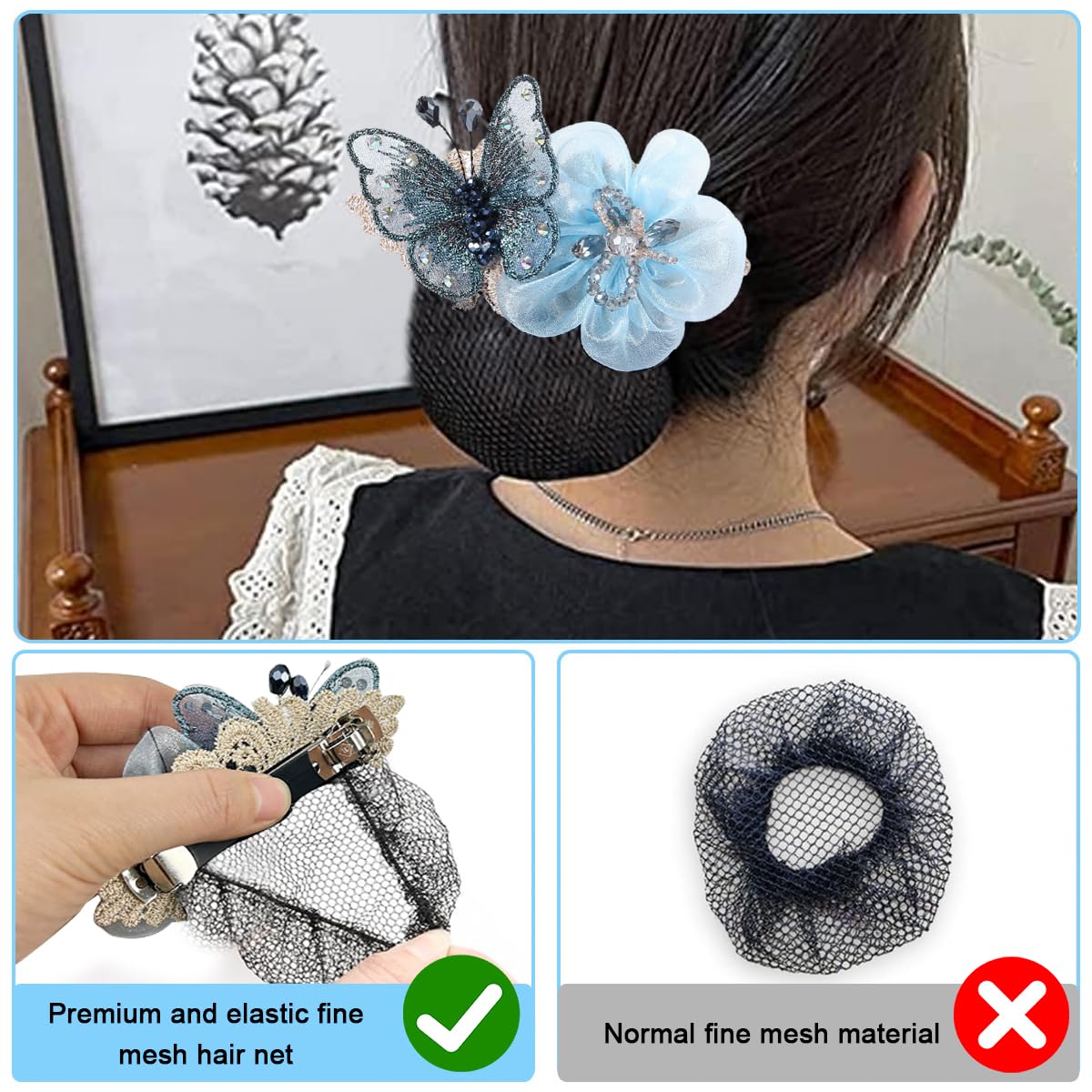 MAYCREATE Hair Snood Net Hair Bun Accessories for Women, Stylish Clip Hair Net for Women for Bun, Mesh Bun Maker for Hair, Hair Bun Cover Hairnet for Daily, Work, Dancer (Blue - Butterfly)