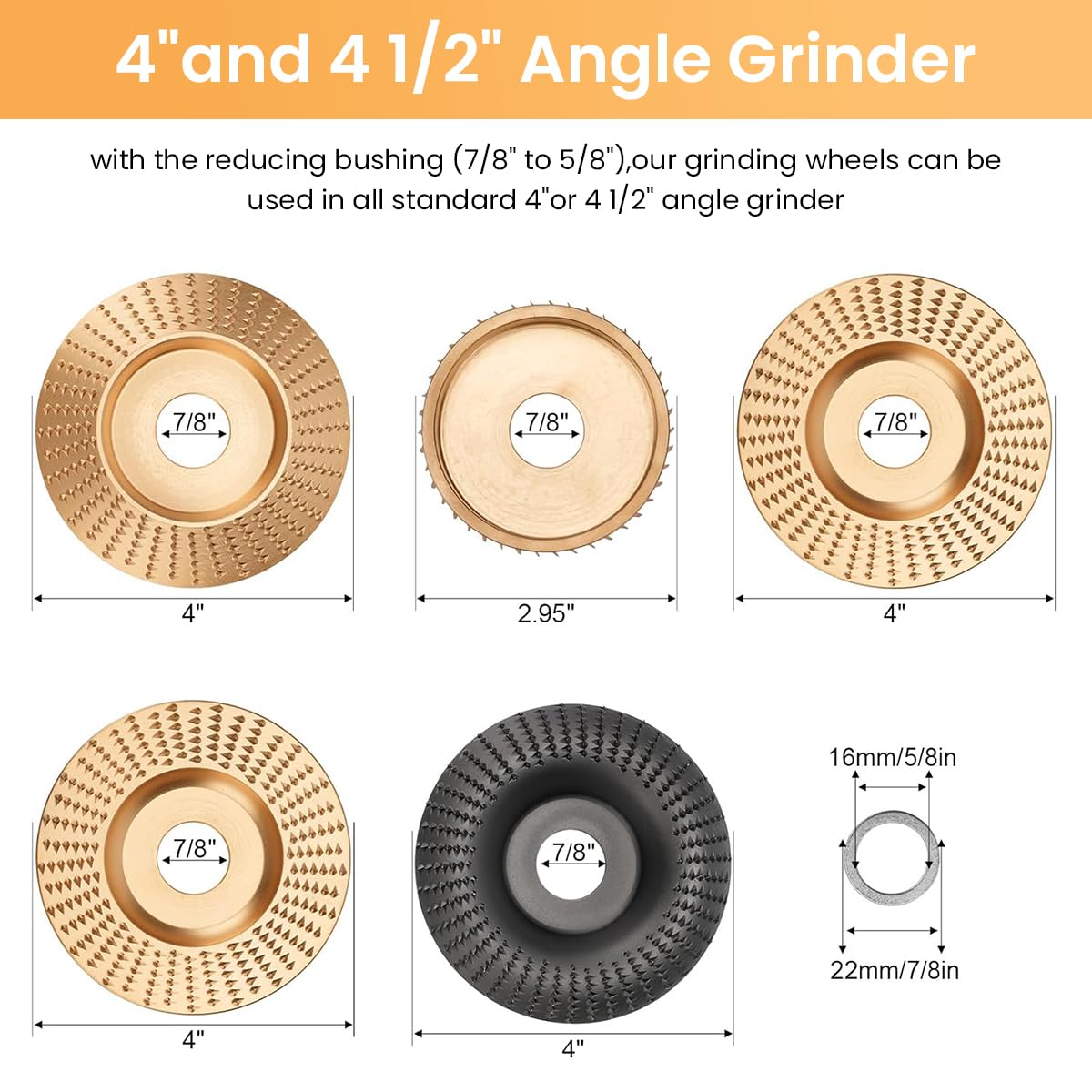 Serplex 5Pcs Angle Grinder Wood Carving Disc Set, 4 and 4 1/2 Angle Grinder Attachments with 5/8 inch Arbor, Stump Grinder Tool Grinding Wheel Shaping Disc for Wood Cutting, Grinder Cutting Wheel