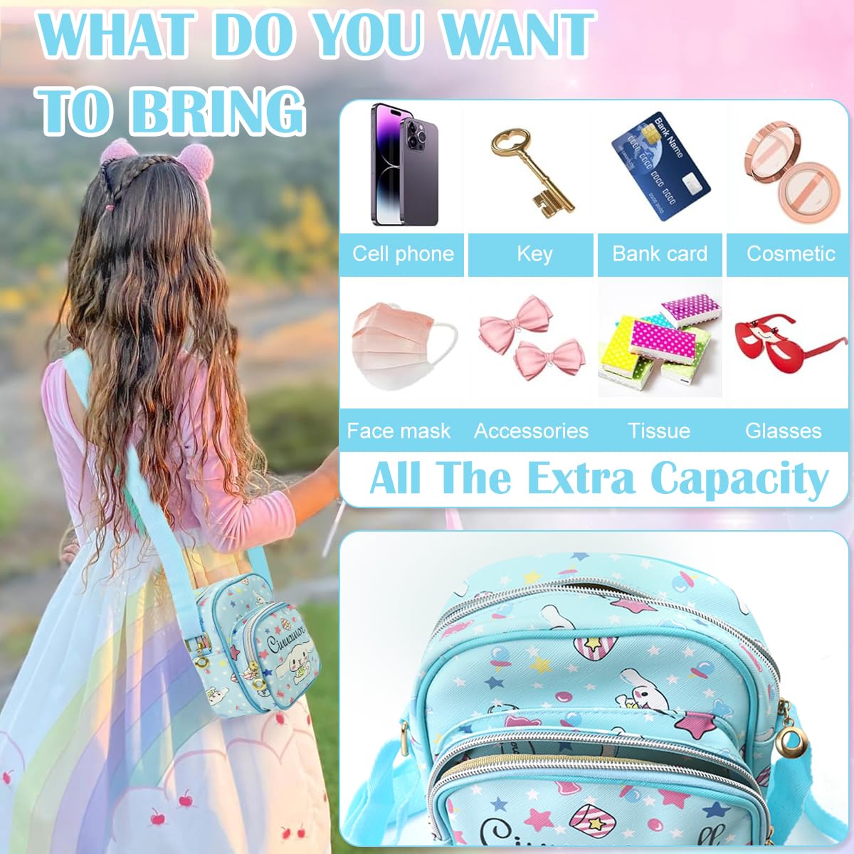 PALAY Cinnamoroll Crossbody Bag for Girls Kawaii Cinnamoroll Shoulder Bag Small PU Sling Bag with Removable Shoulder Strap Crossbody Bag Christmas Gift for Girls Birdthday Gift, 18x10x20cm