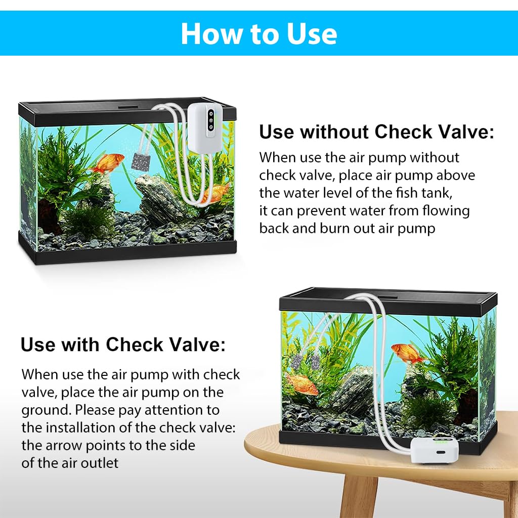Qpets Portable Oxygen Pump Cordless Aquarium Air Pump Continuous/Intermittent Fishing Air Pump Dual Pipe Aquarium Air Pump Air Stone and Pipe Included USB Rechargeable Aquarium Air Pump