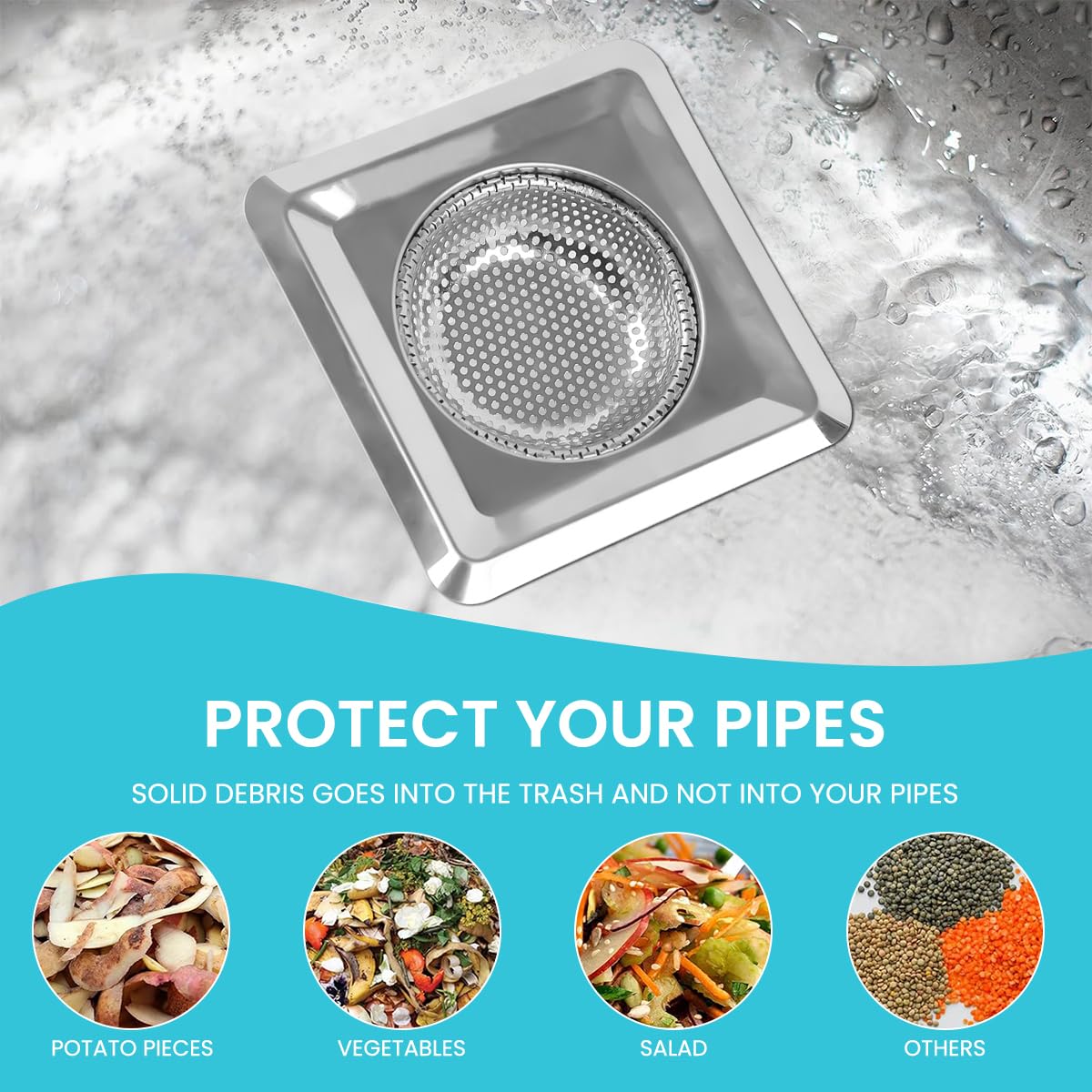 HASTHIP 2Pcs Square Stainless Steel Kitchen Strainer, Drain Filter, Wide Rim Anti Clogging Mesh Drain Filter Vegetable Hair Catcher Drain Cover, 4.3 inches Diameter (Silver)