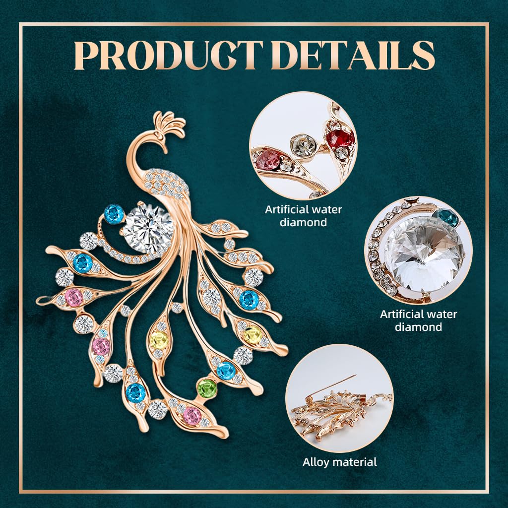 SANNIDHI Peacock Brooch Luxury Women Jewelry Brooch Sparkling Color Rhinestone Peacock Brooch Golden Rose Electroplated Alloy Peacock Brooch Women Jewelry Gift Evening Banquet Jewelry Brooch, 5x7cm