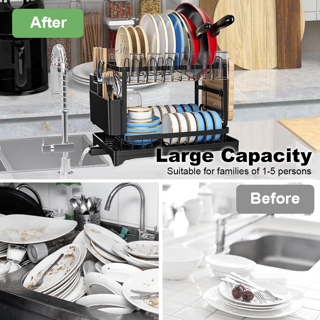 Supvox Dish Drying Rack Kitchen Organizer Countertop Double Layer Dish Drain Rack Kitchen Organizer Cup Drying Rack Kitchen Carbon Steel Plates Drying Rack Large Dish Drainer Kitchen Organizer